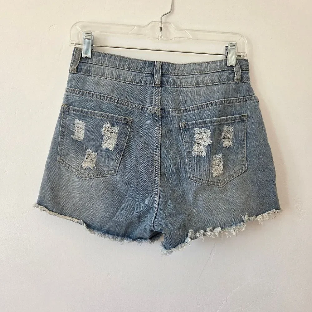 Distressed Denim Booty Short Shorts Daisy Duke Ripped High Waist Medium Wash 28